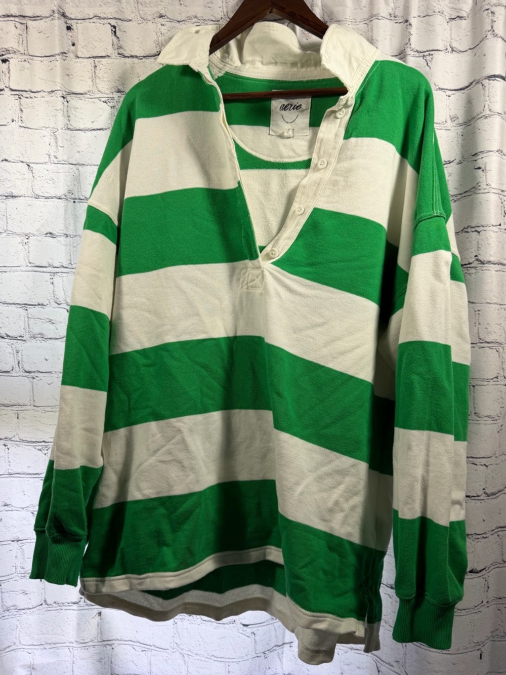 Aerie Green and White Striped Rugby Top